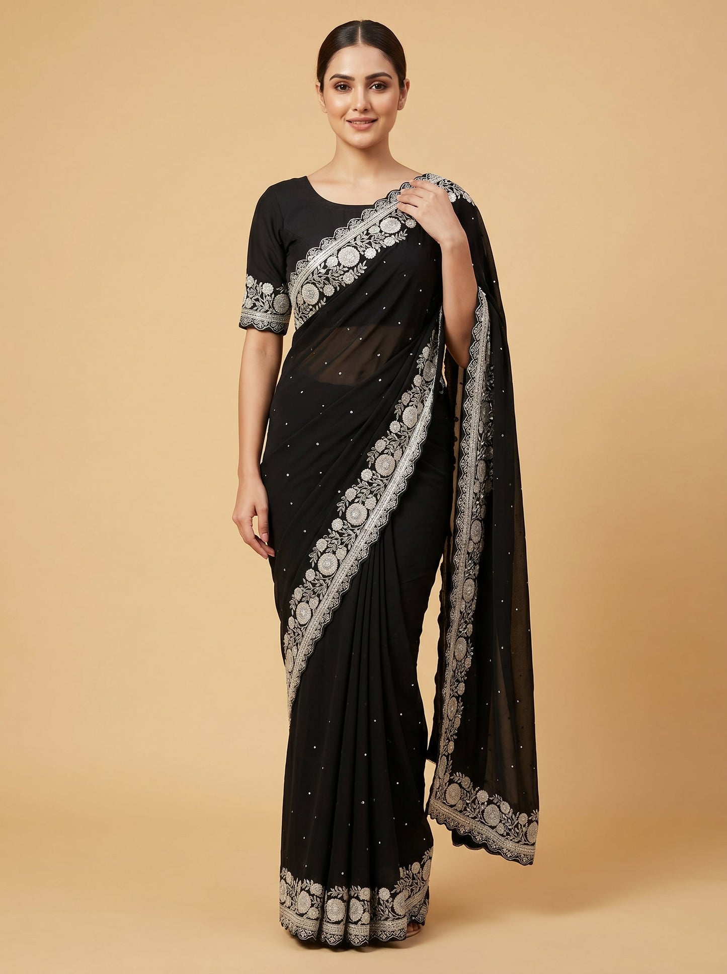 Black Deep Embroidery Embroidered Saree