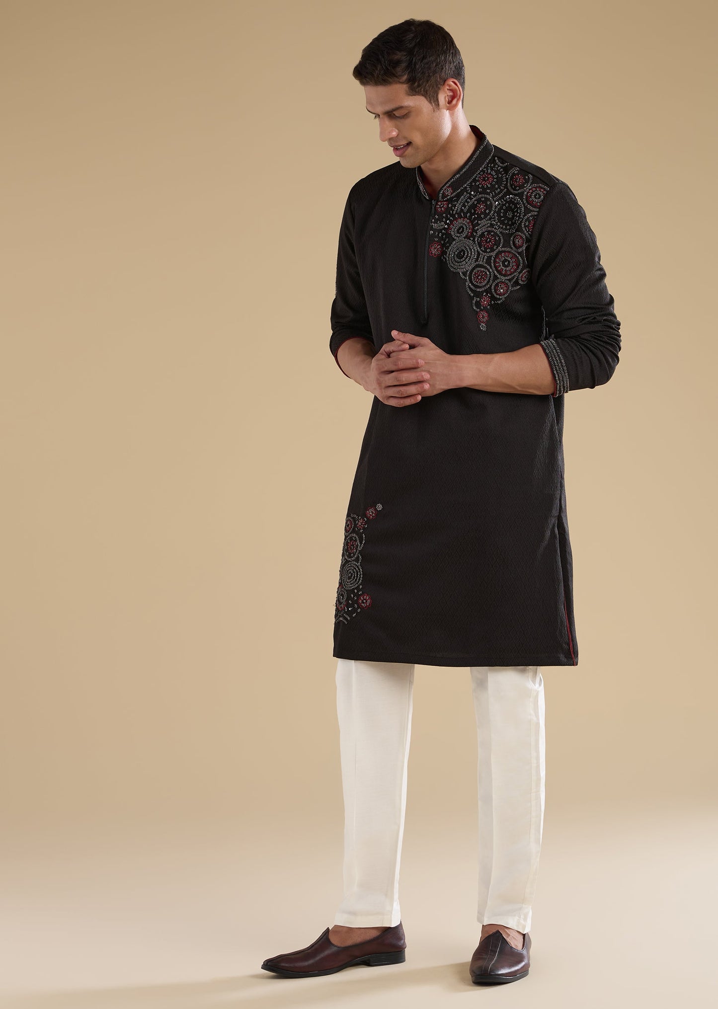 Black Suiting Sequin Resham Threadwork Kurta Set