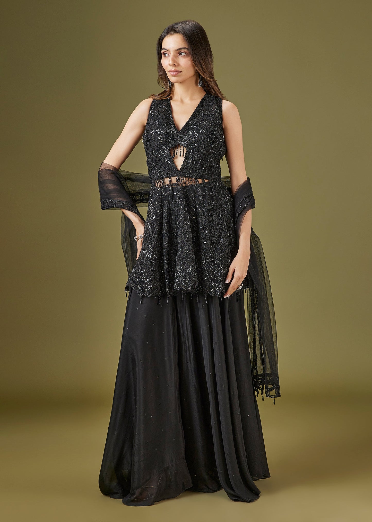 Black Embroidered Peplum Palazzo Set With Dupatta