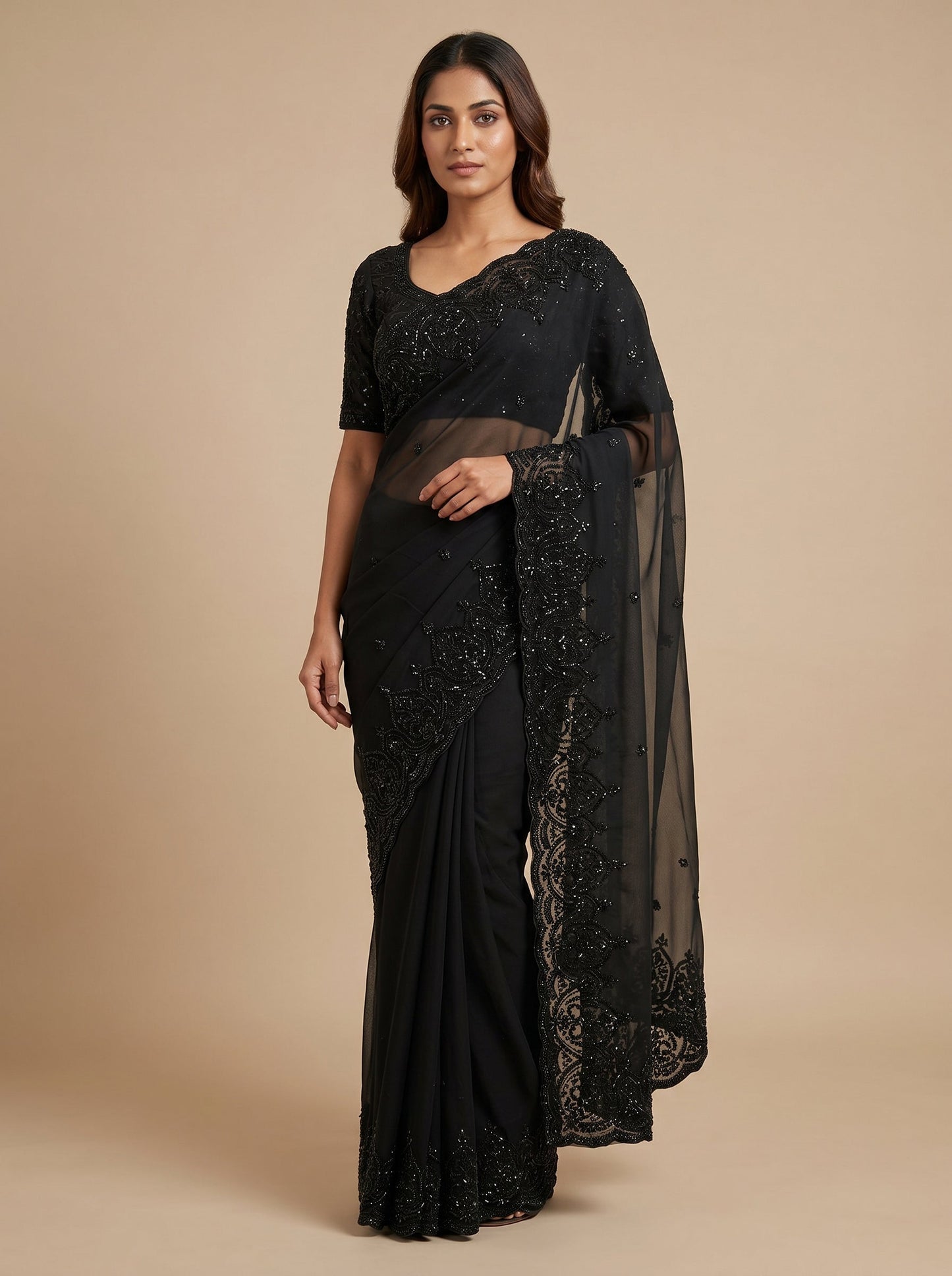 Black Embroidered Saree with Bold Motifs