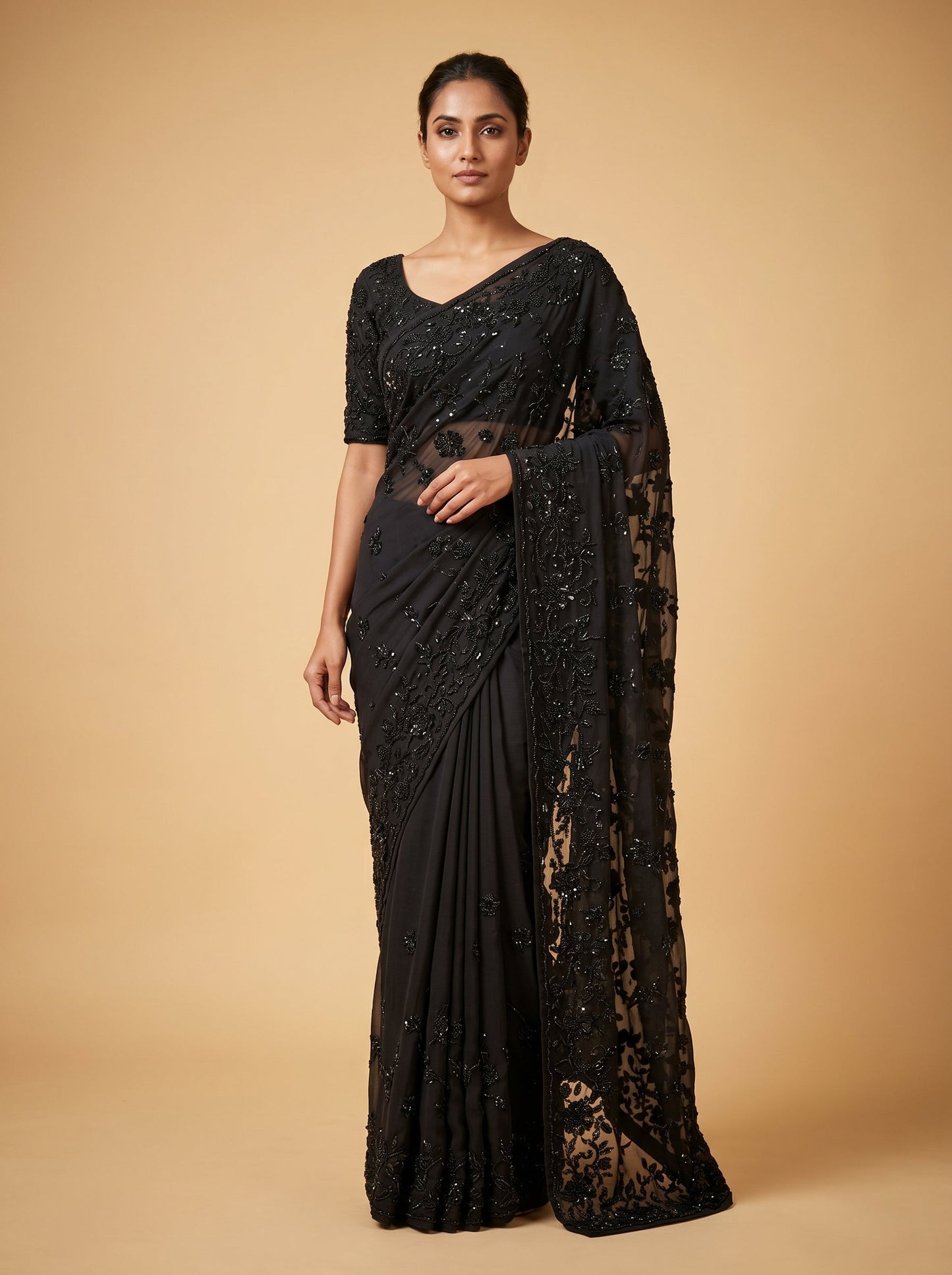 Black Embroidered Saree with Defined Detailing