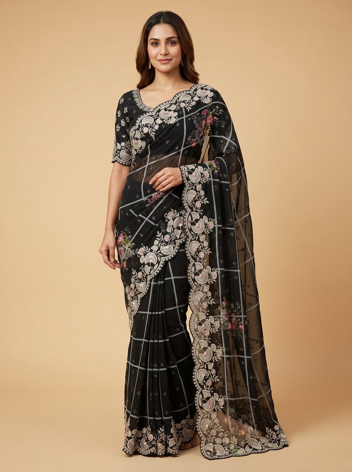 Black Floral Embroidered Saree