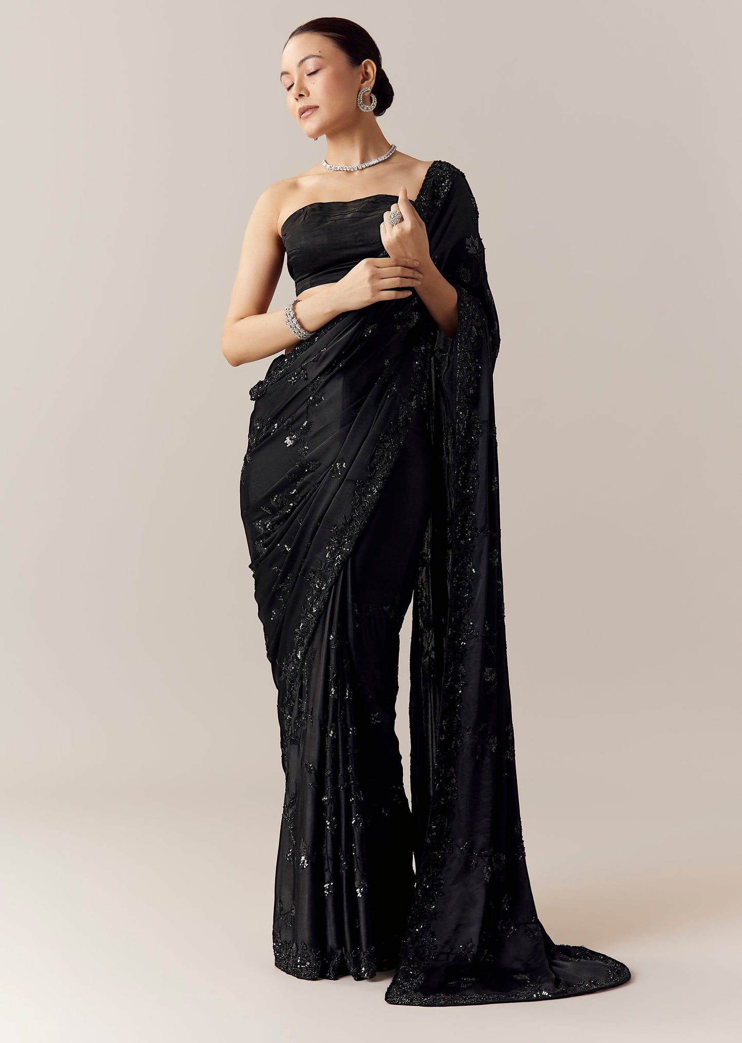Black Floral Motif Cutdana Embellished Saree with Unstitched Blouse