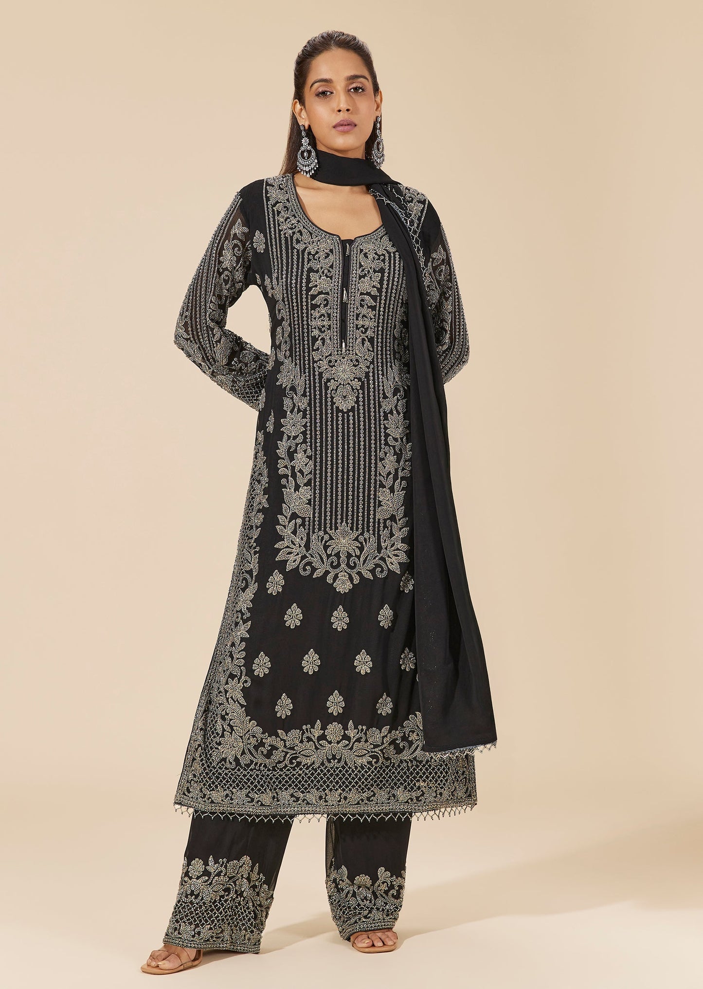Black Georgette Kurta Set With All Over Bead Embroidery