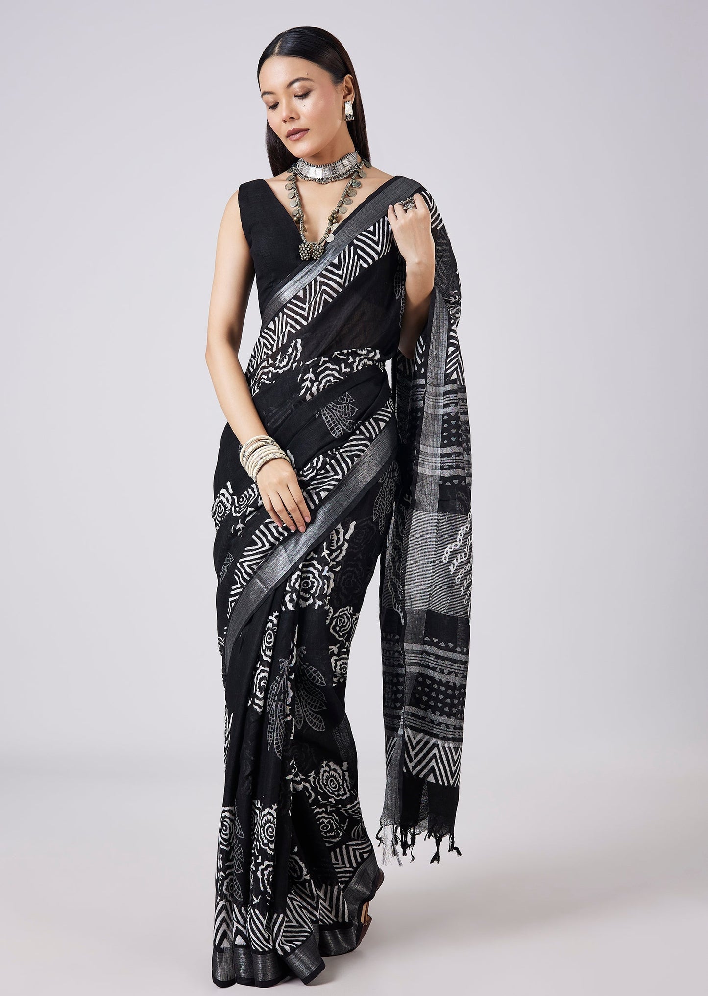 Black Canvas Hand Painted Saree with Blouse