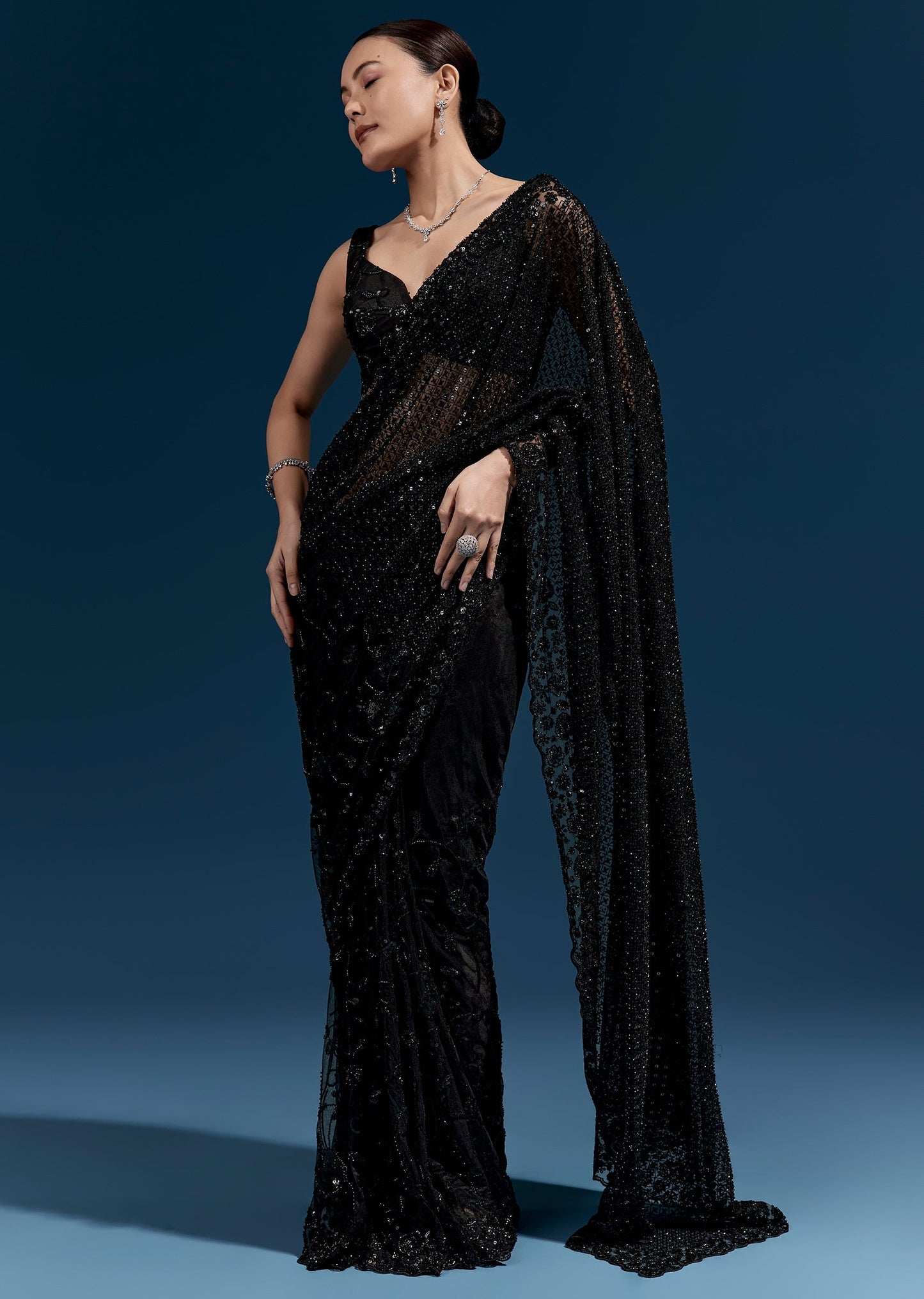 Black Heavy Embroidered Net Saree With Cutwork Border And Jaal Work