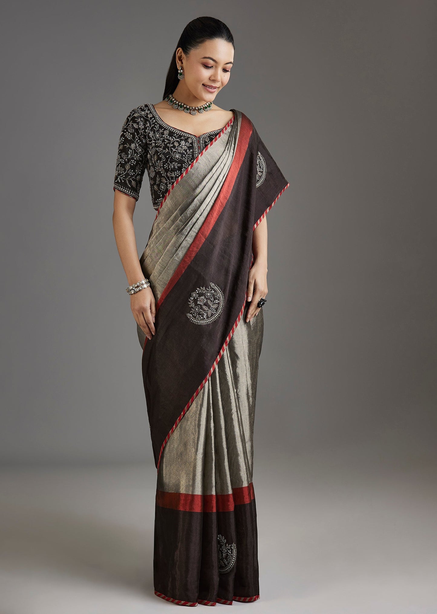Black Kanjivaram Tissue Saree With Embroidered Blouse