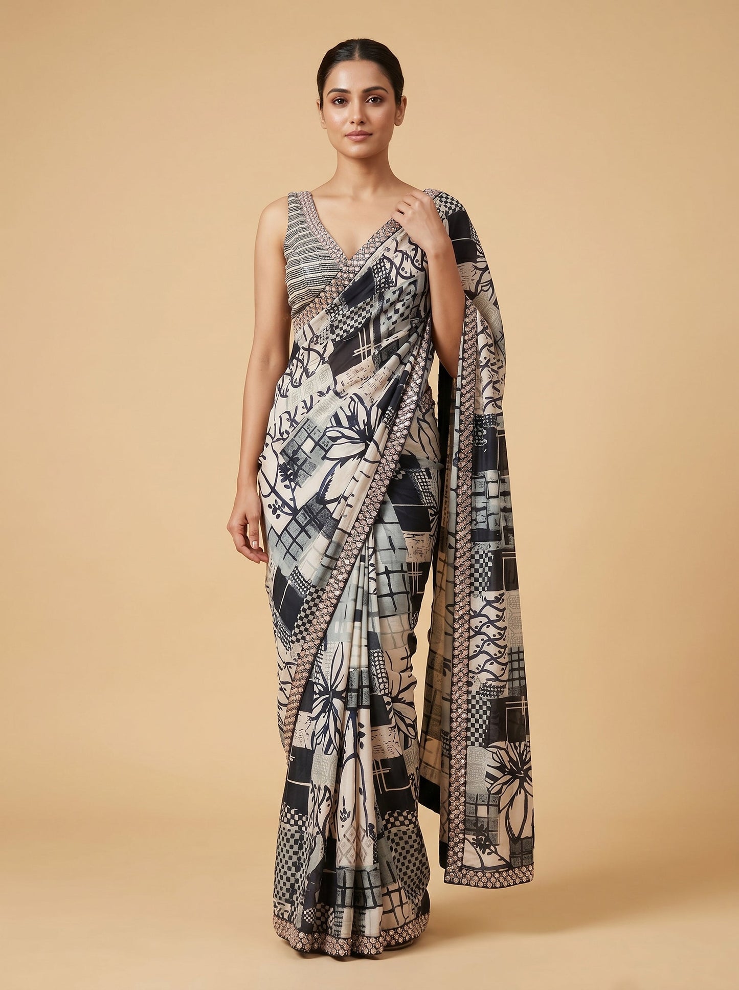 Black Light Peach Dual Contrast Charm Embroidered Saree