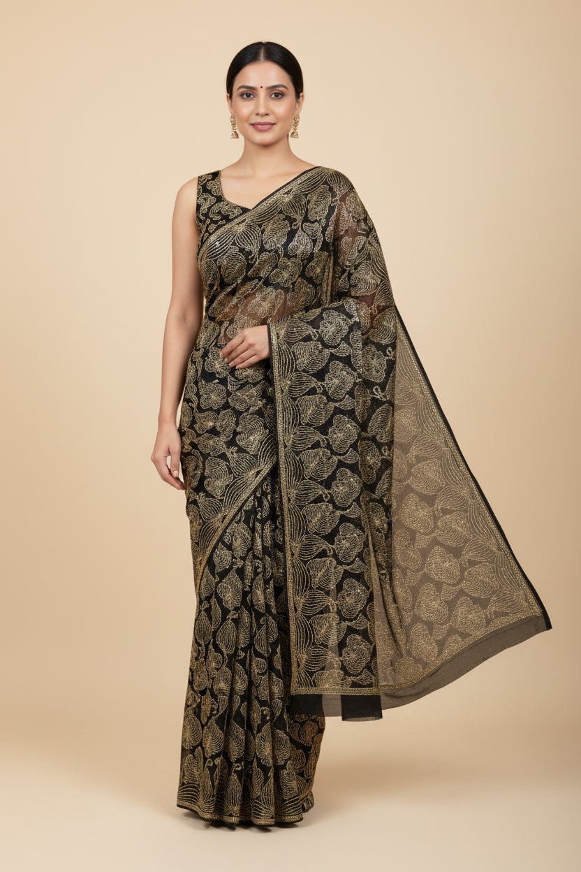 Black Premium Embroidered Saree