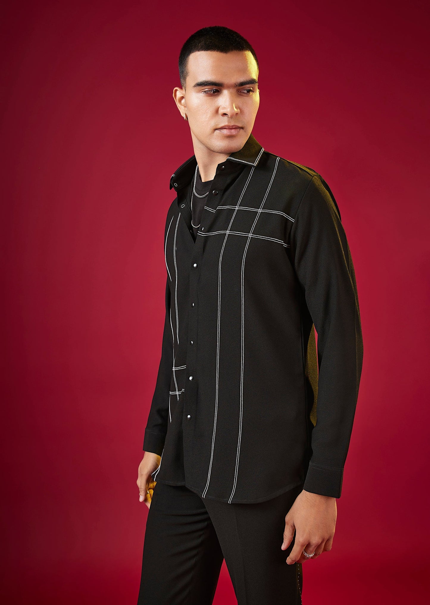 Black Mandarin Collar Striped Mens Shirt In Viscose