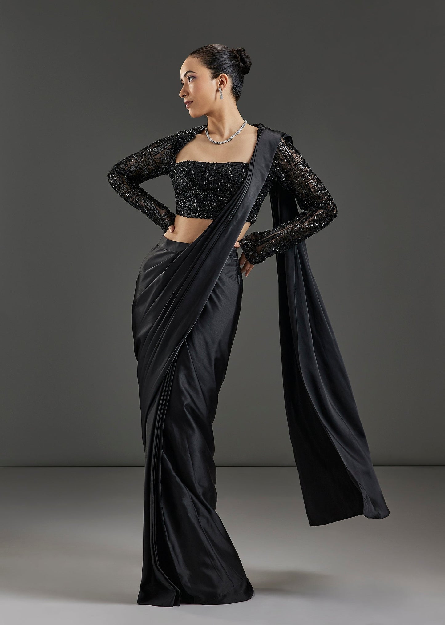 Black Milano Ready Pleated Saree With Embellished Full Sleeve Blouse