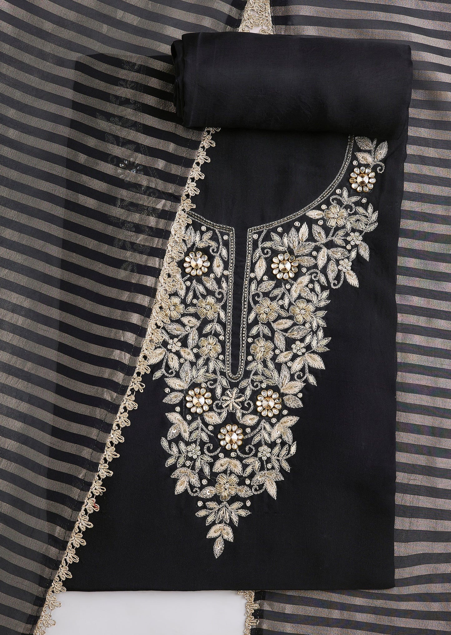 Black Organza Embroidered Unstitched Suit Set And Dupatta