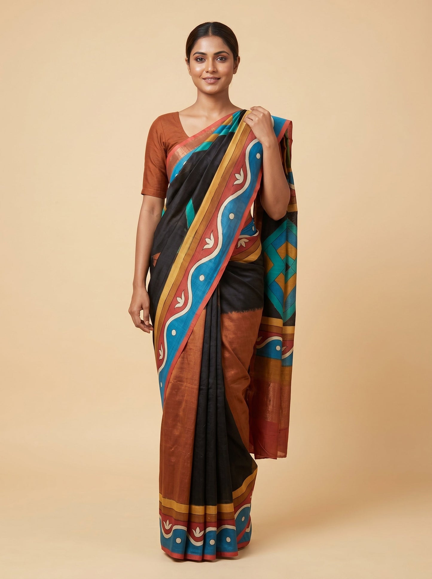 Black Peach Contrast Printed Saree