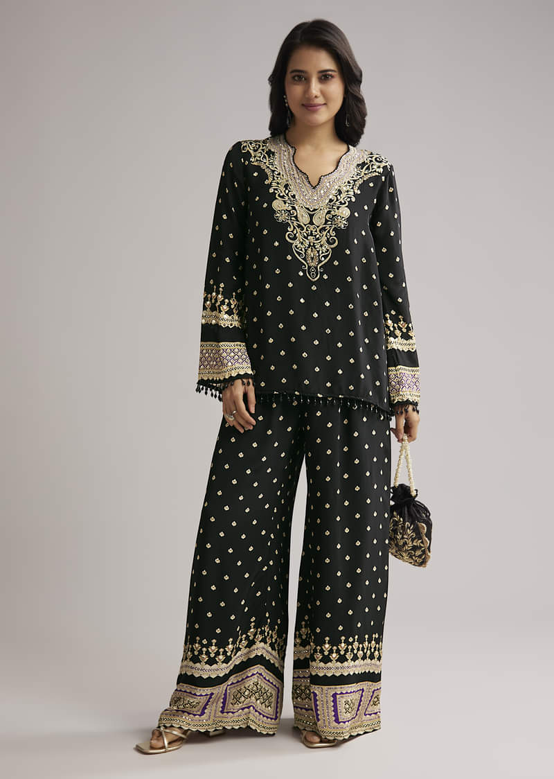 Black Printed Co Ord Set With Kurta And Palazzo