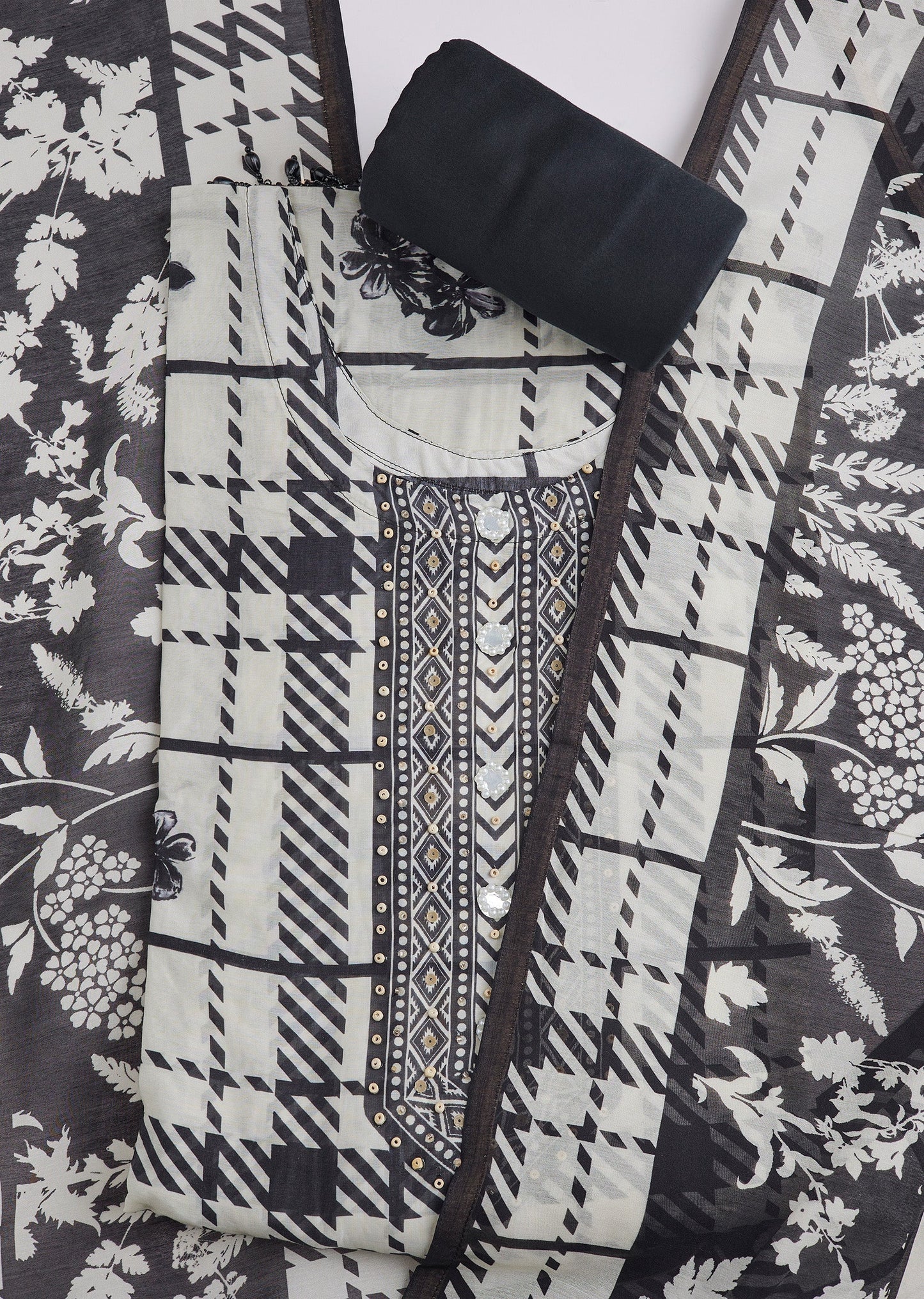 Black Printed Cotton Unstitched Suit Set With Dupatta