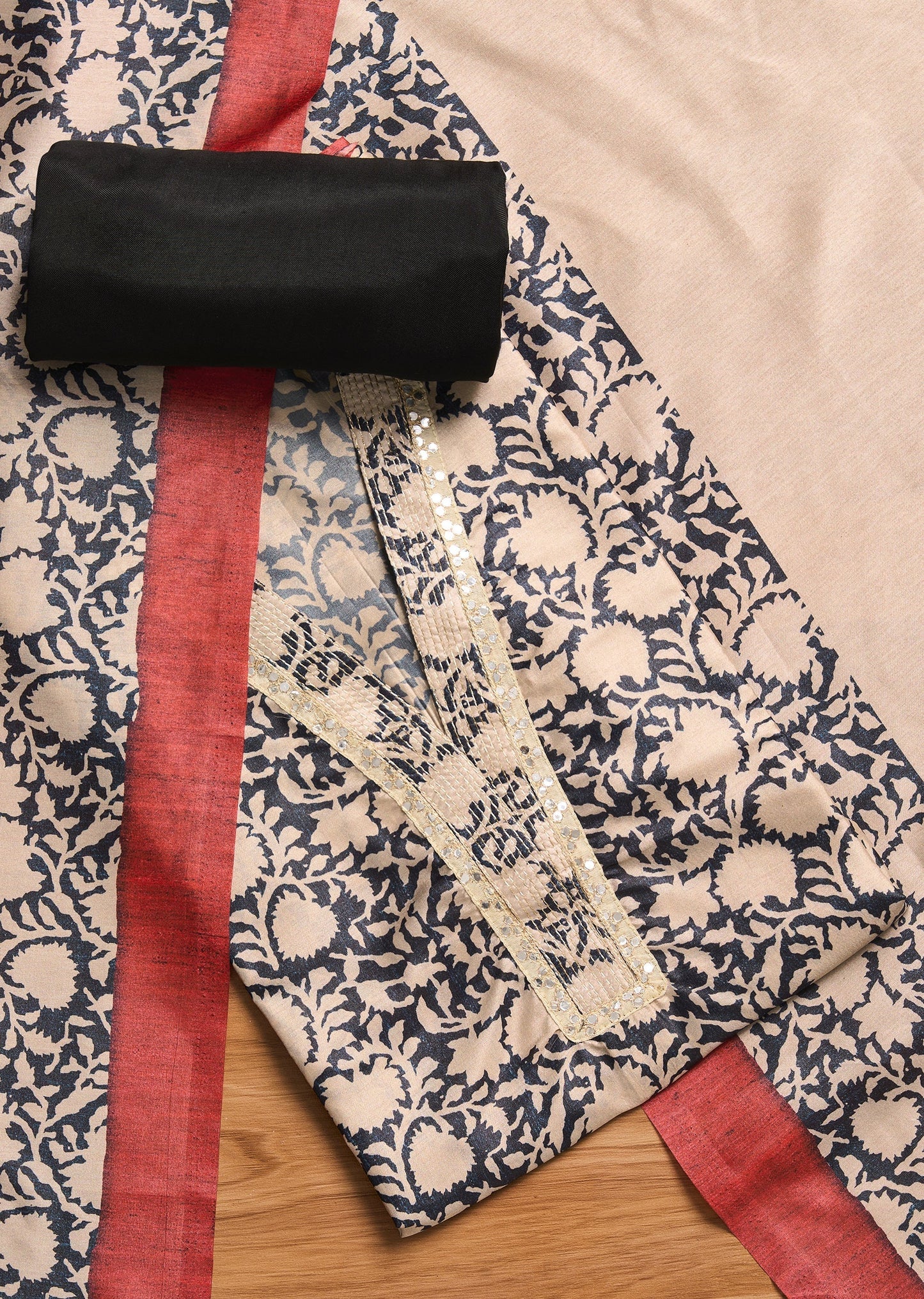 Black Printed Unstitched Suit Set