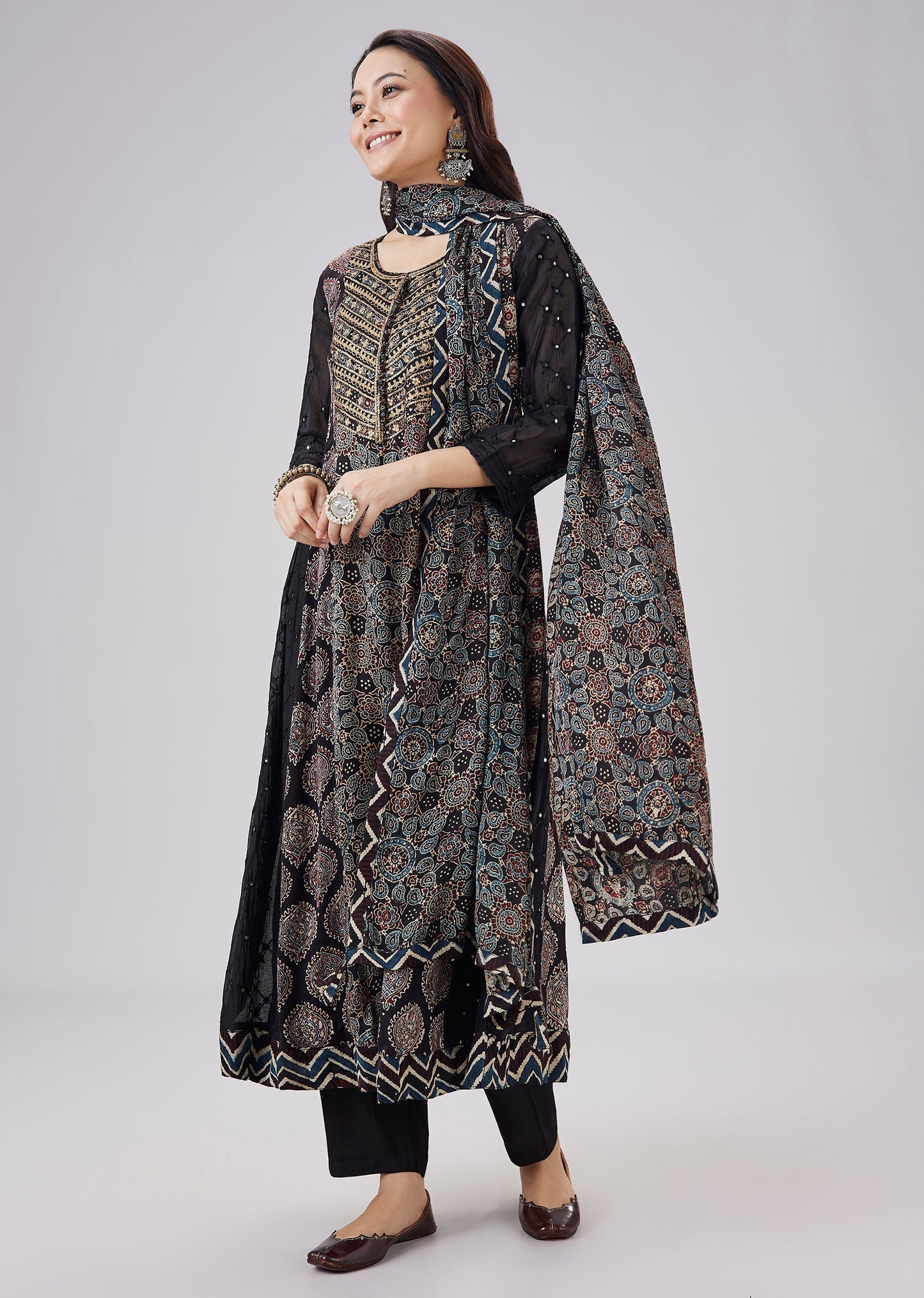 Black Pure Ajrakh Printed Silk Anarkali Set With Zari Embroidery