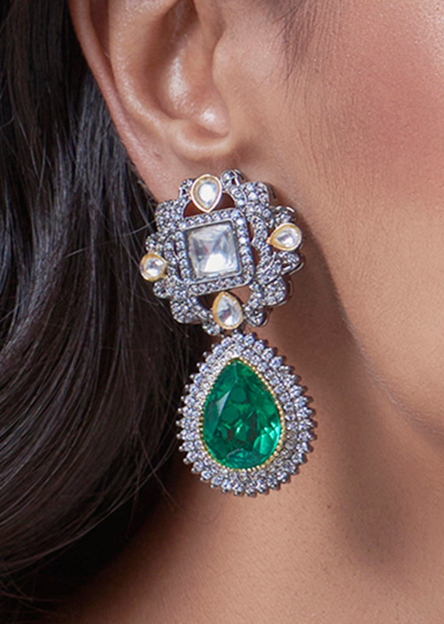 Black Rhodium Finish Kundan Polki And Zircon Dangler Earrings