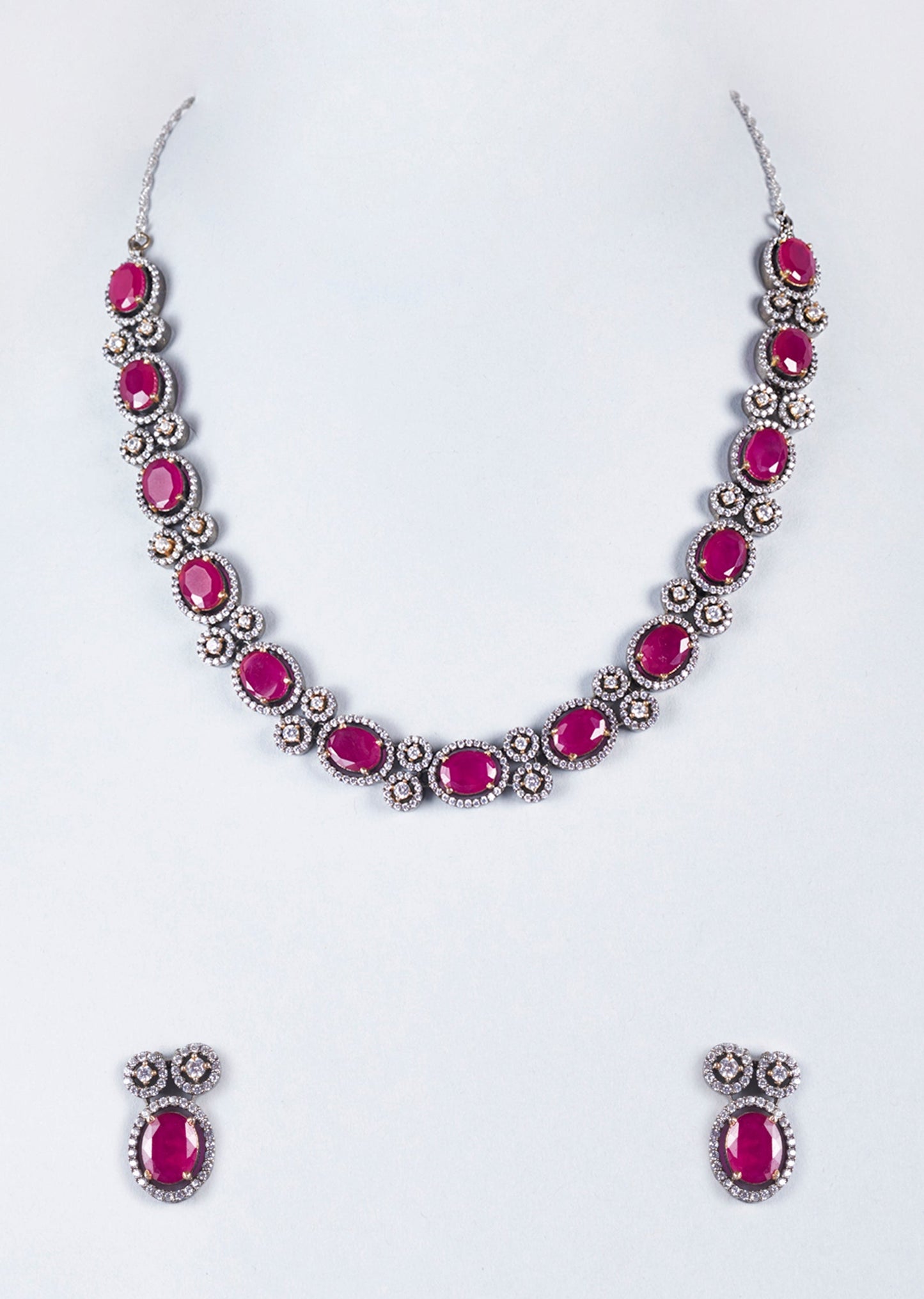 Black Rhodium Finish Red And White Zircon Necklace Set