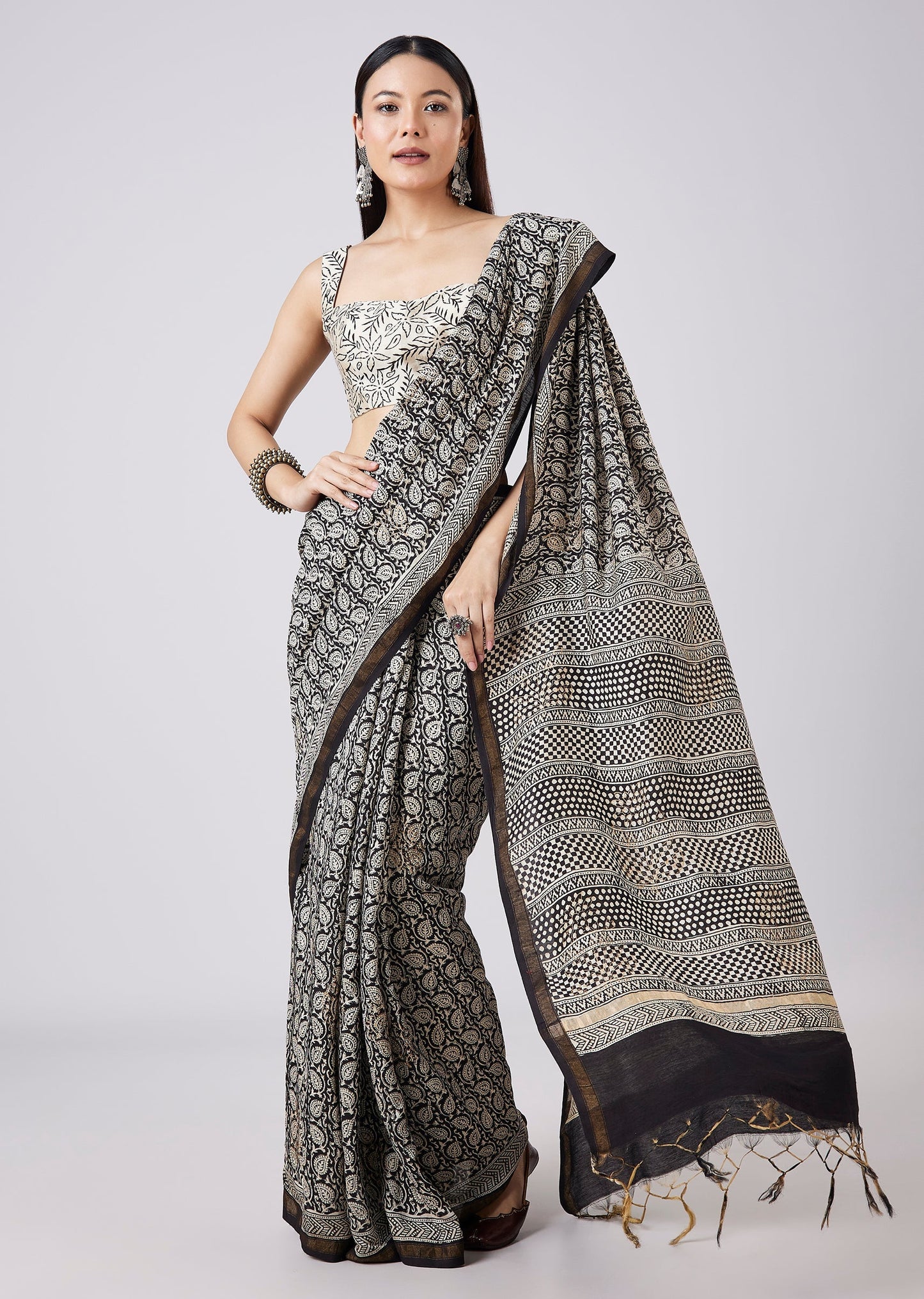 Black Saree with Hand Painted Floral Motif and Blouse