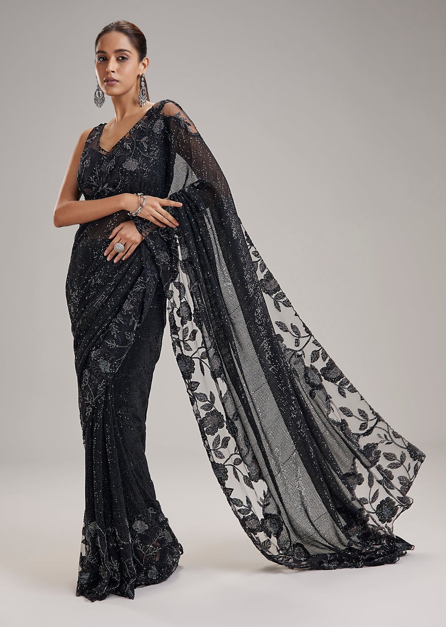 Black Sequins Embellished Georgette Saree With Cutdana Lace Border