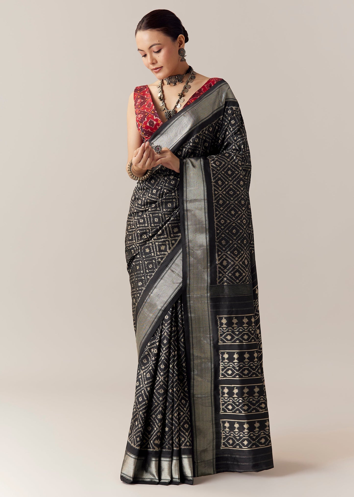 Black Silk Ikkat Weave Saree with Unstitched Blouse