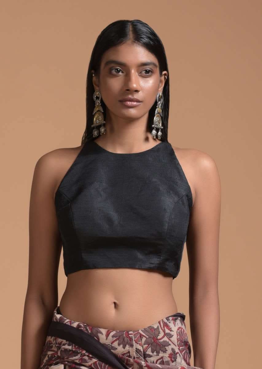 Black Sleeveless Blouse In Raw Silk With Halter Neckline