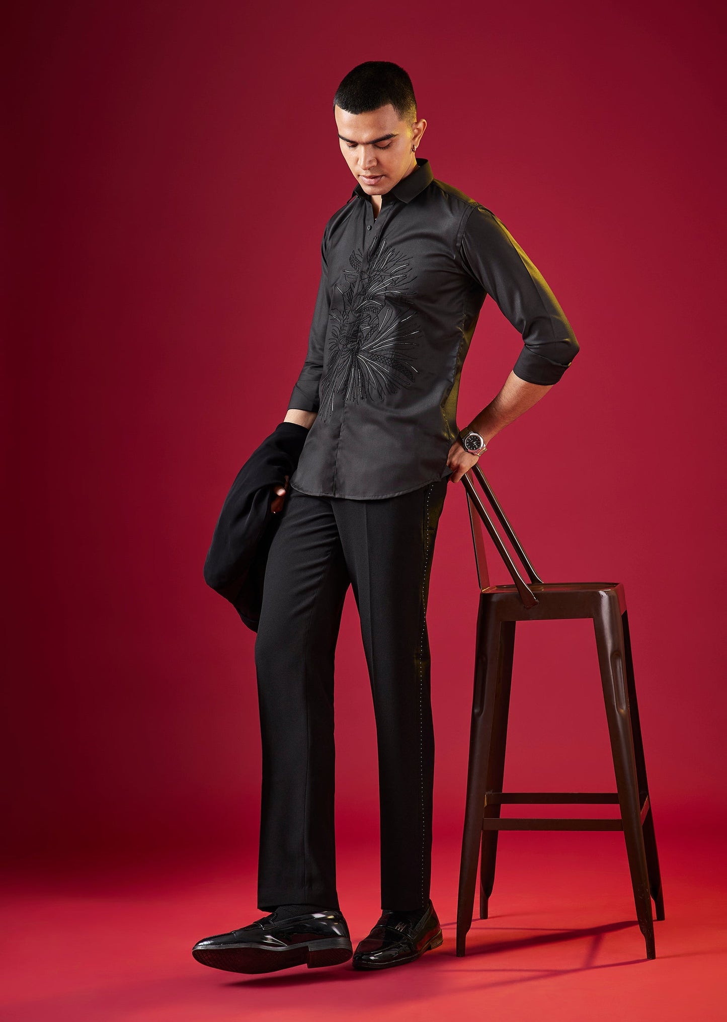 Black Thread And Resham Embroidered Mens Shirt