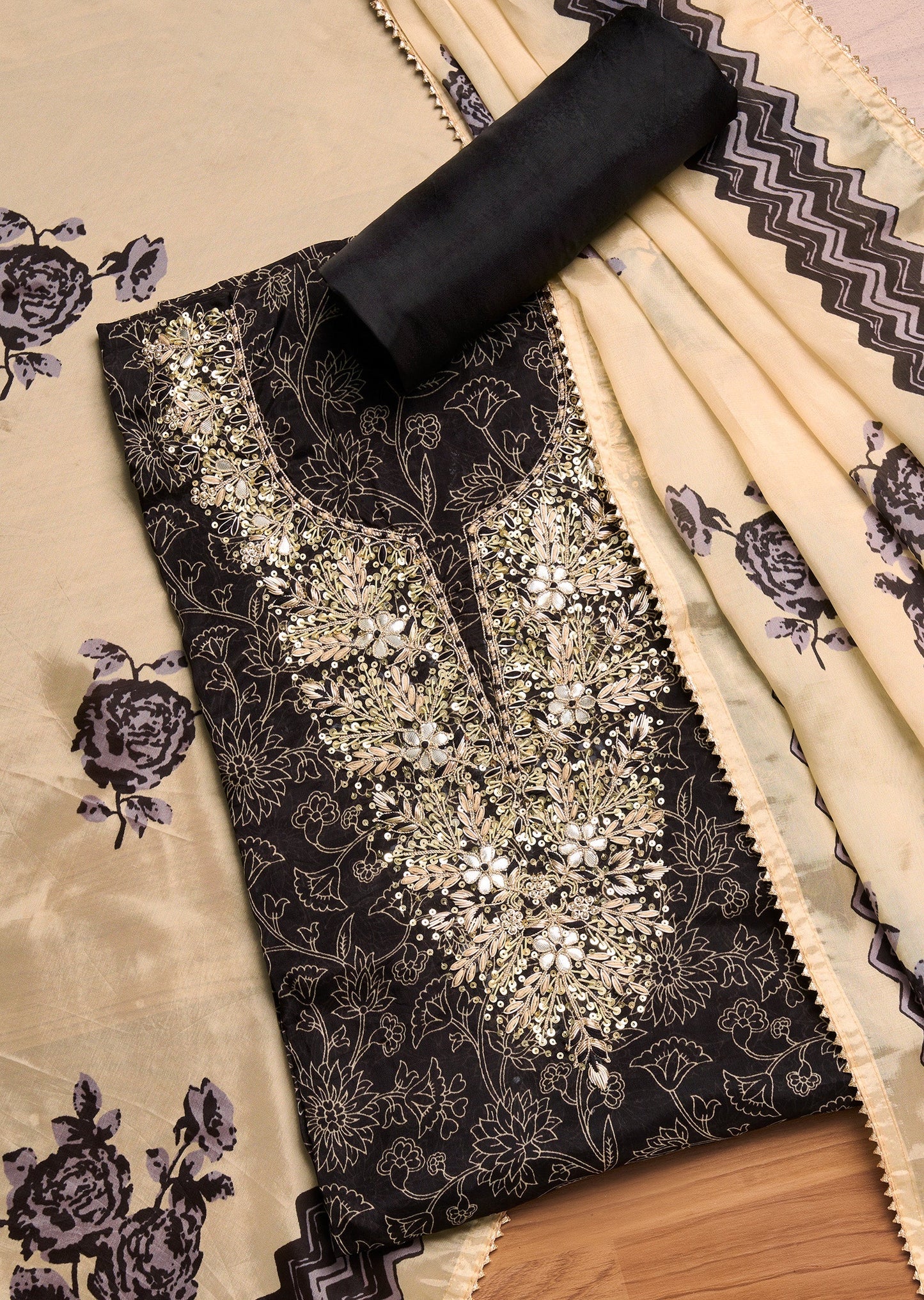 Black Tissue Printed Unstitched Suit Set