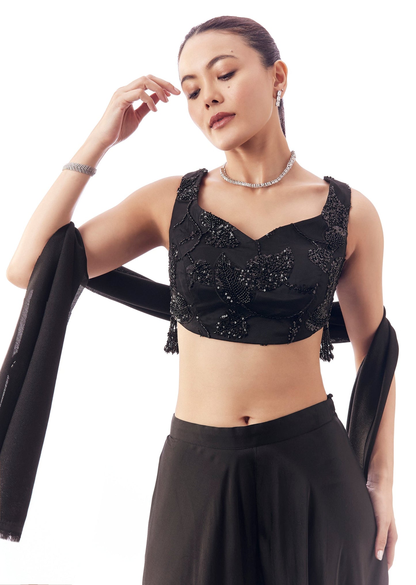 Black VHeart Neck Blouse With Tassel Detail