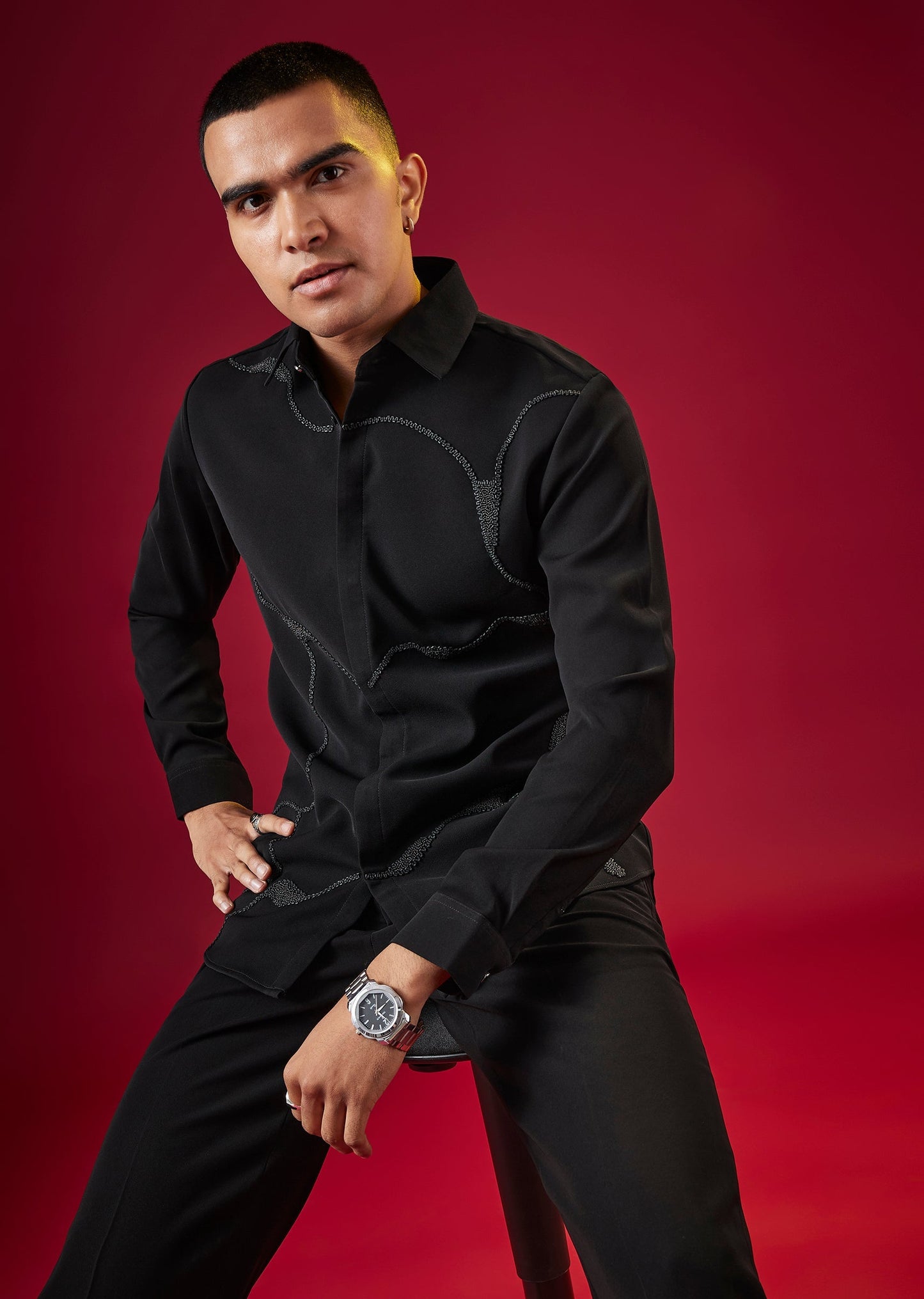 Black Viscose Cutdana And Bead Embroidered Mens Shirt