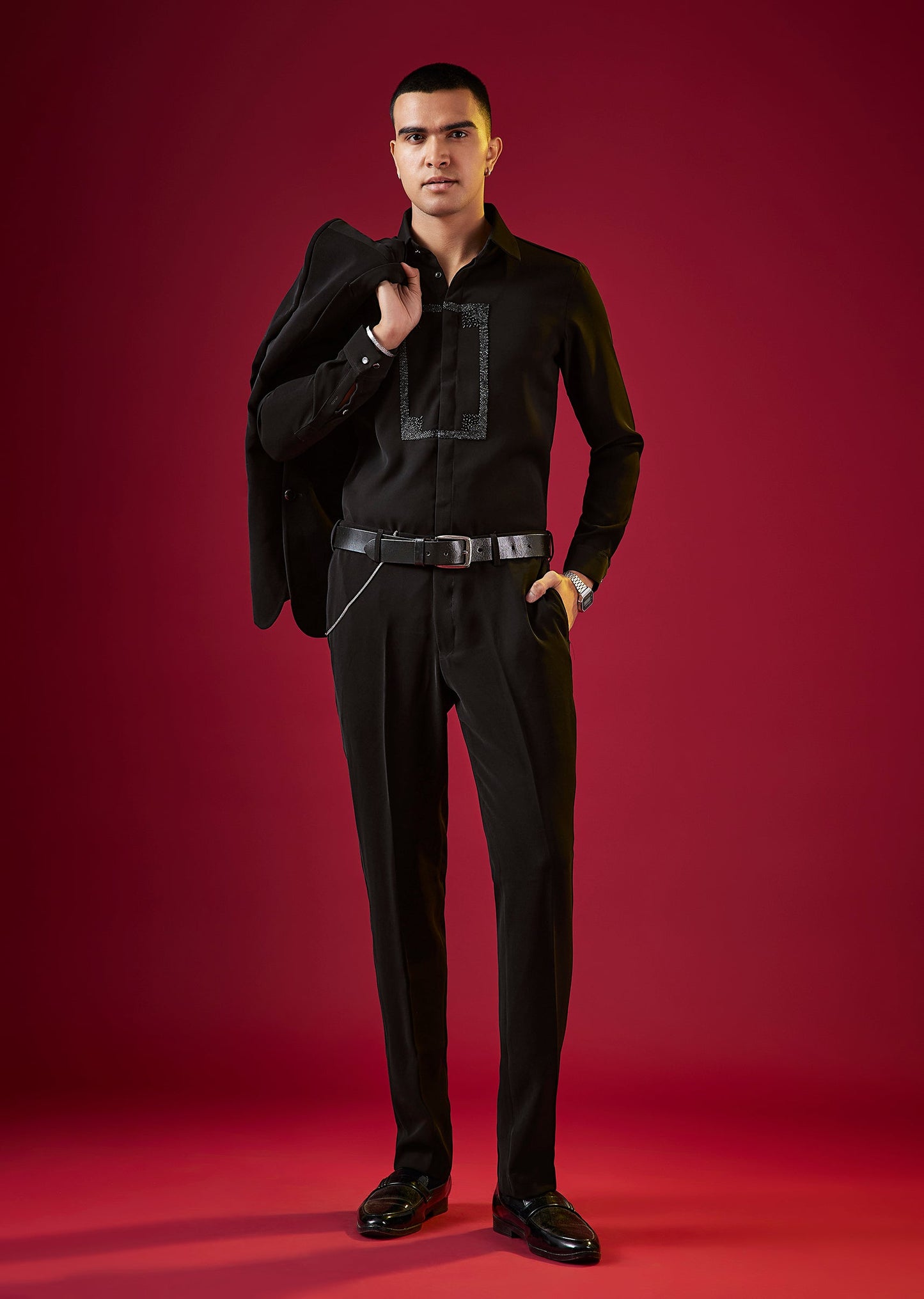 Black Viscose Cutdana Embroidered Mens Shirt