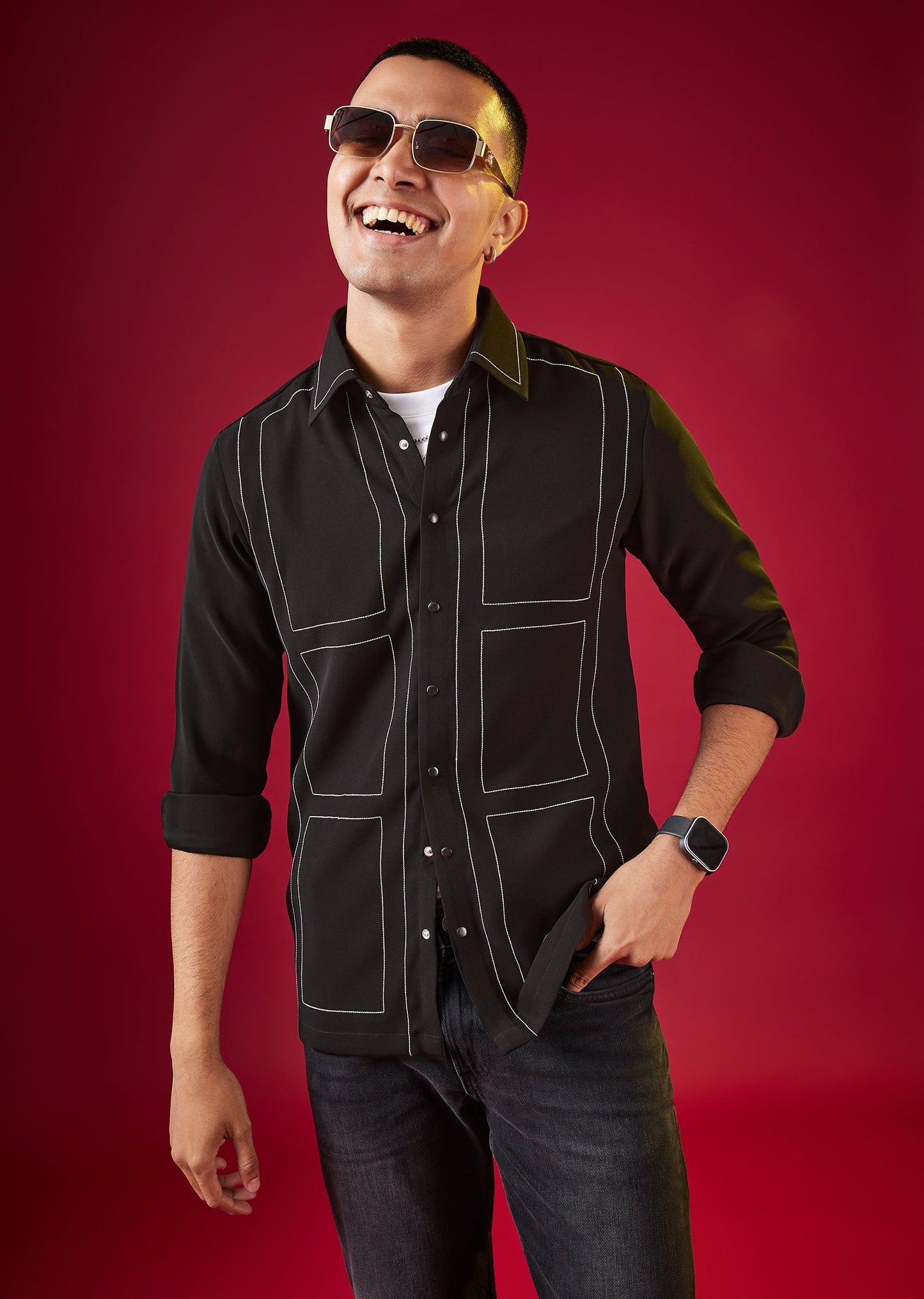 Black Viscose Mandarin Collar Checkered Mens Shirt