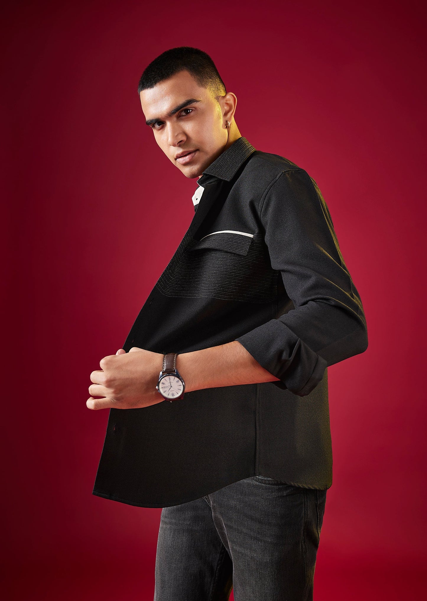 Black Viscose Mandarin Collar Solid Mens Shirt
