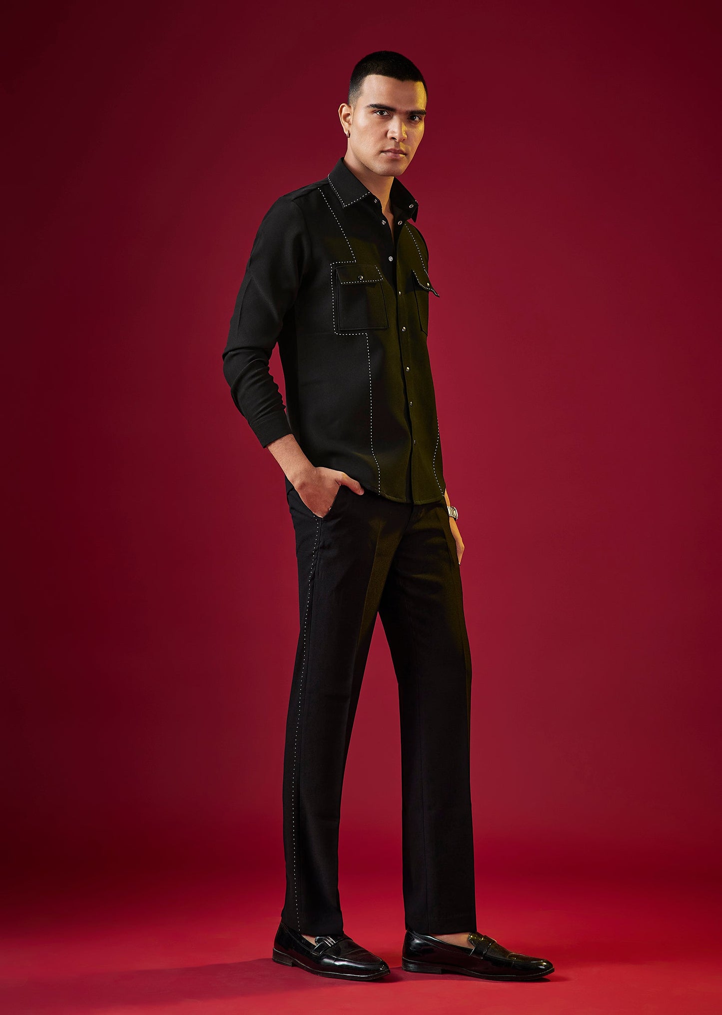 Black Viscose Resham Embroidered Mens Shirt