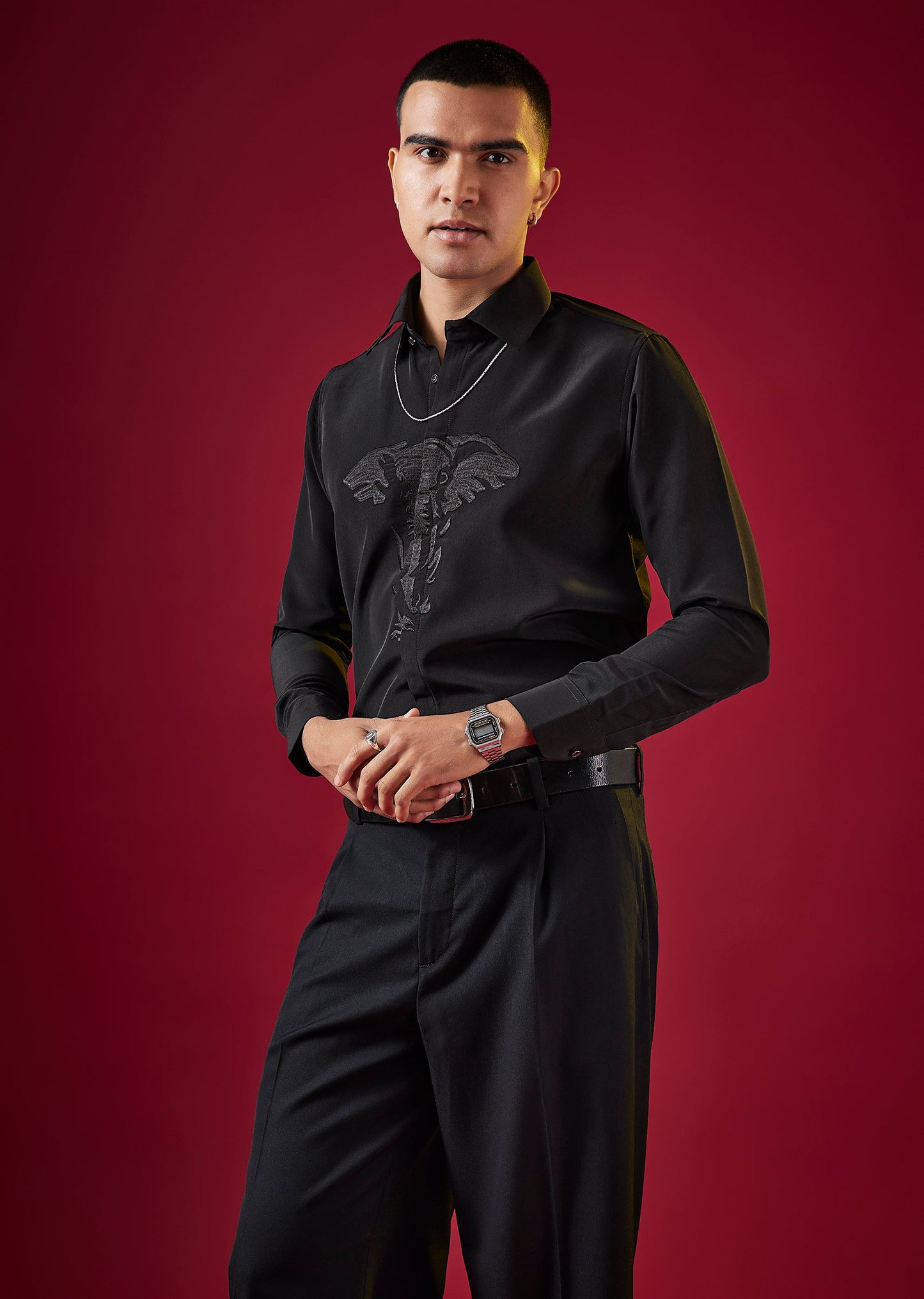 Black Viscose Thread Embroidered Mens Shirt