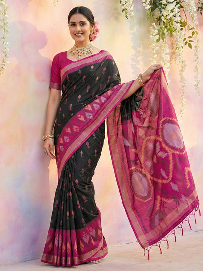 Anaita Black Soft Silk Printed Saree With Blouse