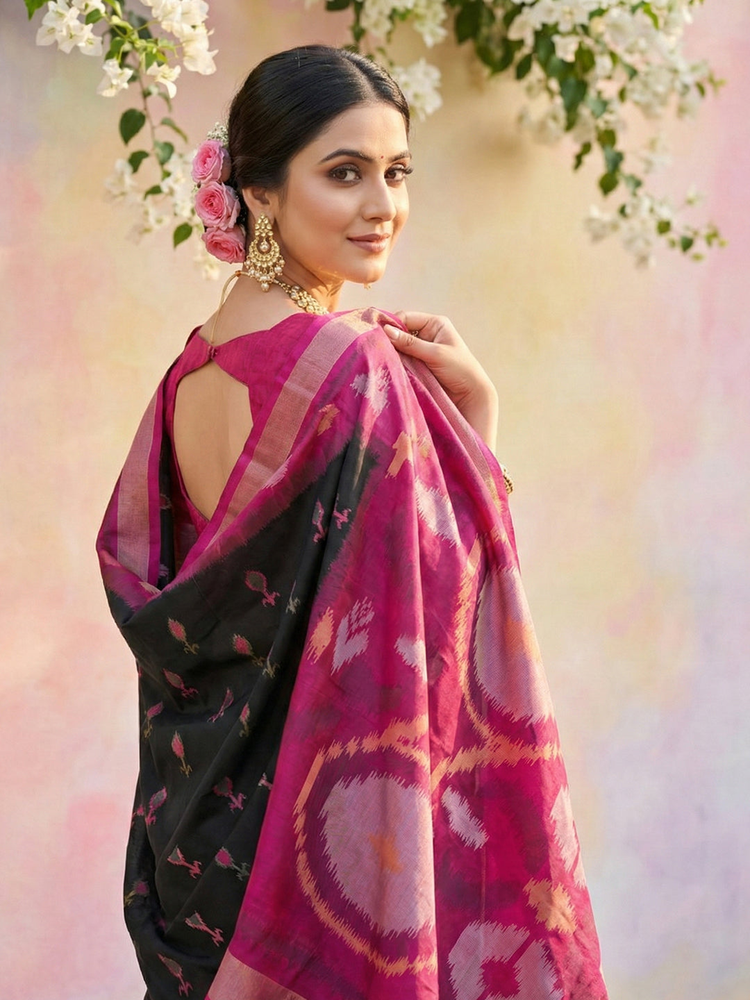 Anaita Black Soft Silk Printed Saree With Blouse