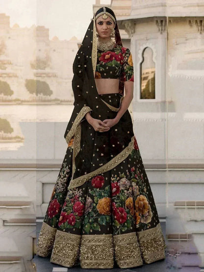 Tulsi Art Black Floral Digital Printed Art Silk Bridal Lehenga Choli