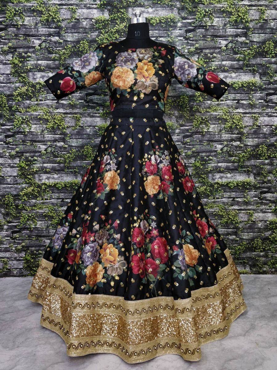 Tulsi Art Black Floral Digital Printed Art Silk Bridal Lehenga Choli