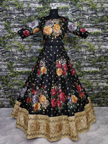 Tulsi Art Black Floral Digital Printed Art Silk Bridal Lehenga Choli