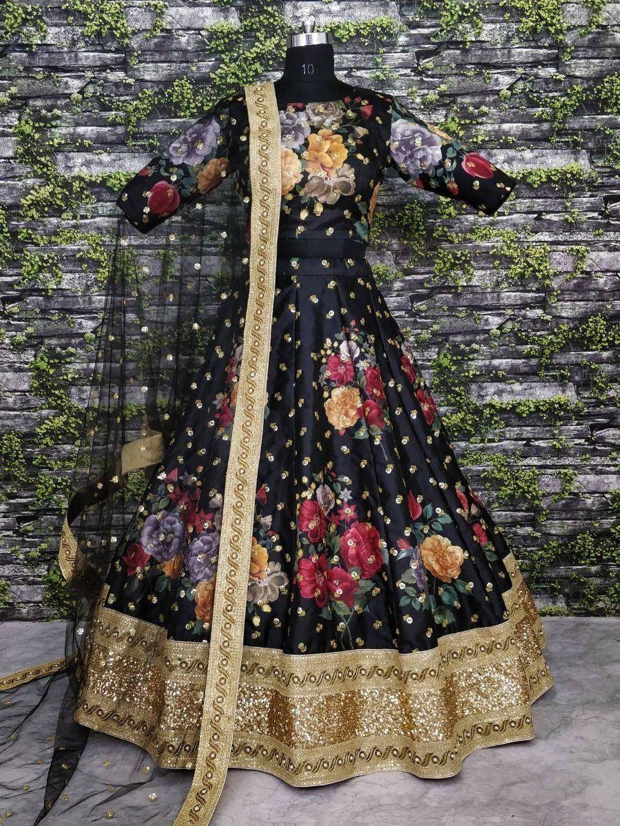 Tulsi Art Black Floral Digital Printed Art Silk Bridal Lehenga Choli