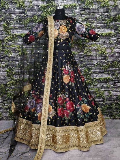 Tulsi Art Black Floral Digital Printed Art Silk Bridal Lehenga Choli