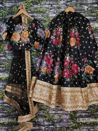 Tulsi Art Black Floral Digital Printed Art Silk Bridal Lehenga Choli