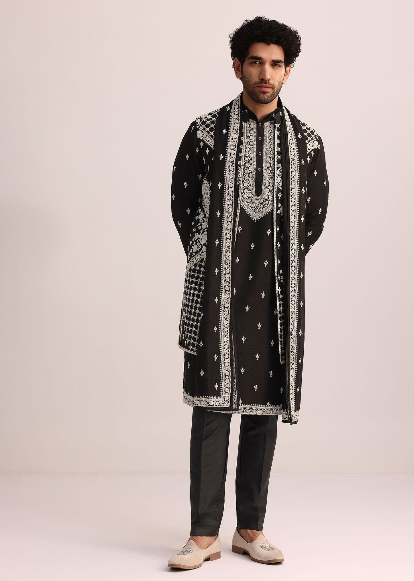 Black Embroidered Jacket and Kurta Set With Dupatta