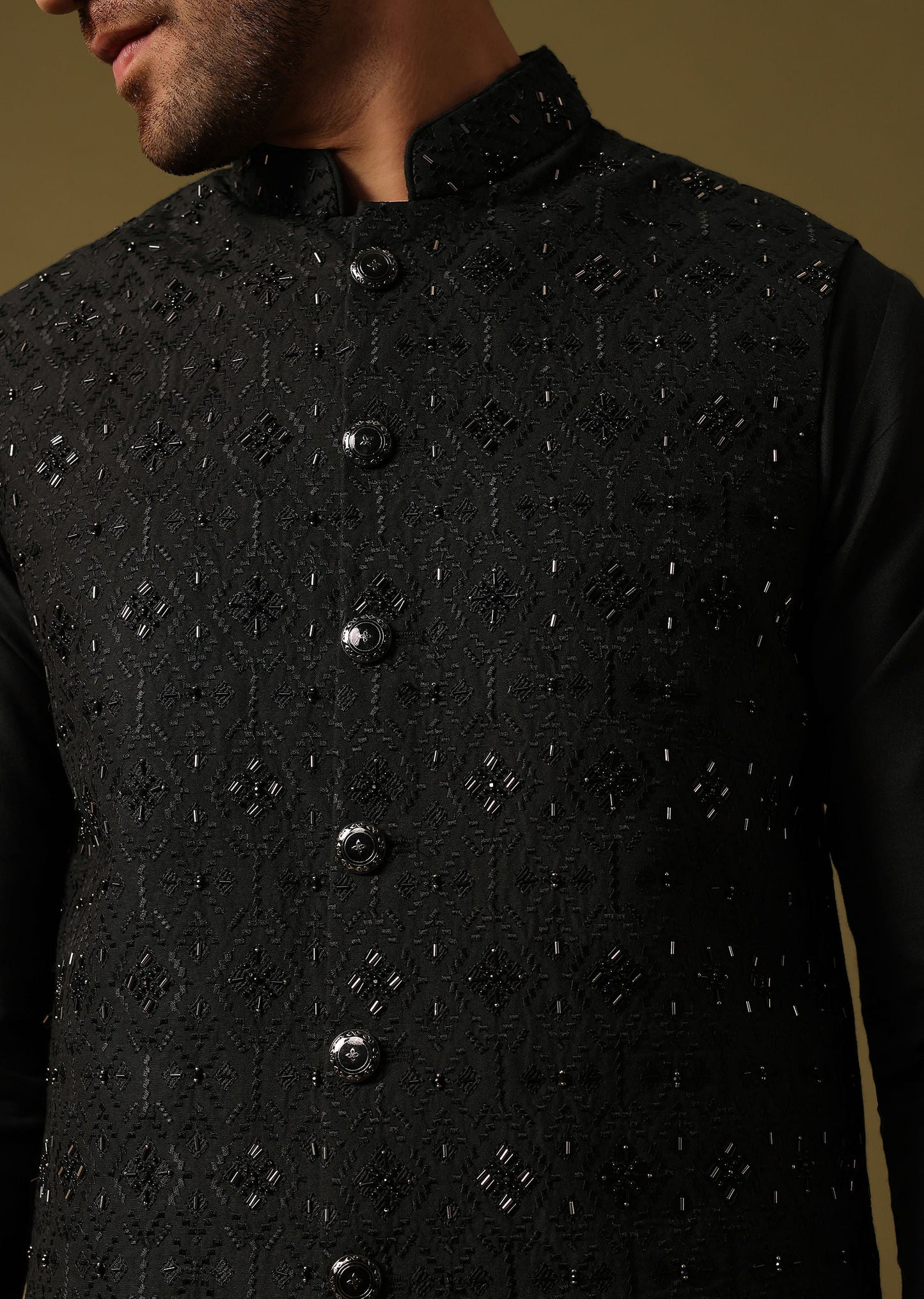 Black Cutdana Embroidered Kurta Jacket Set