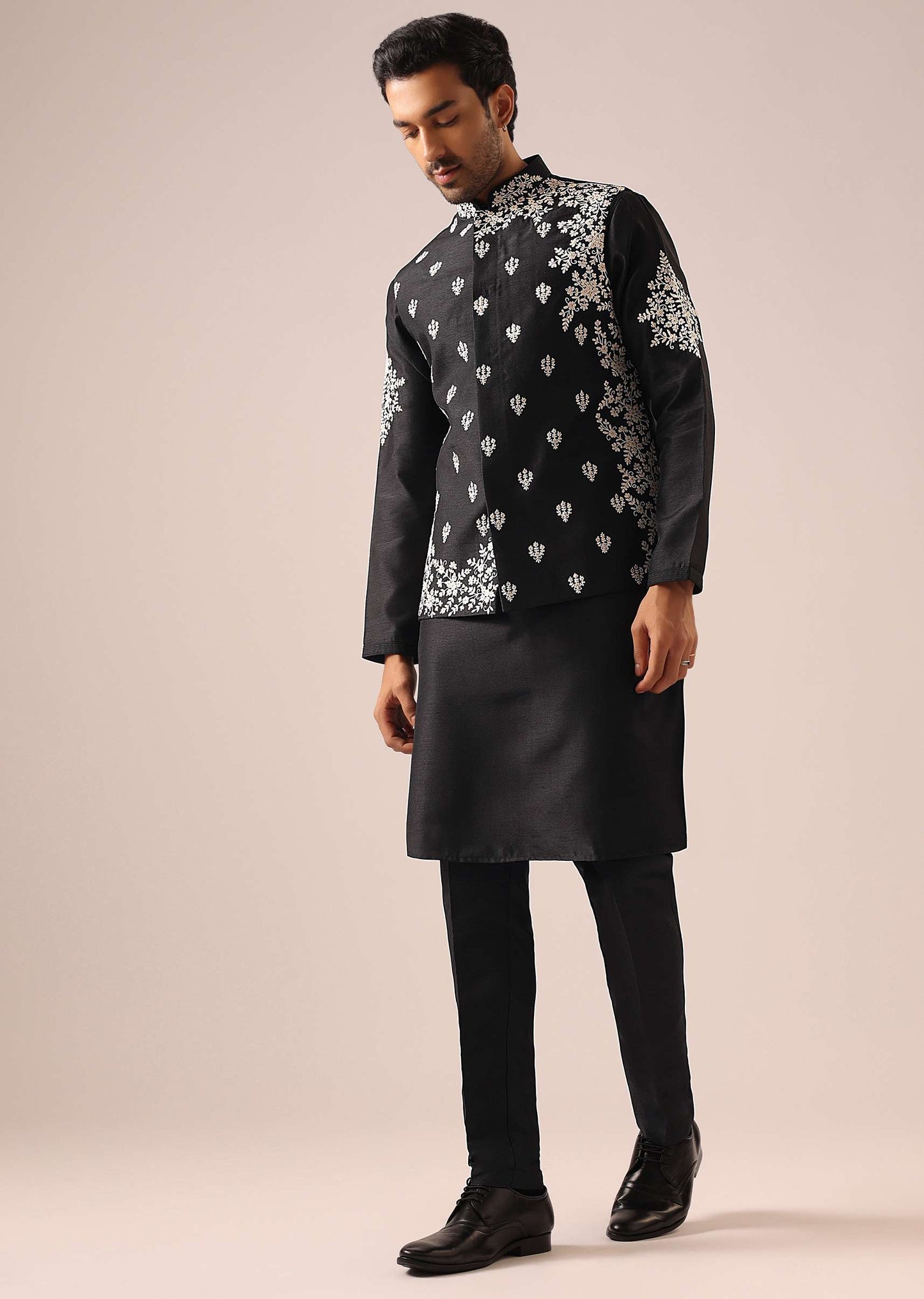 Black Floral Jacket And Kurta Set