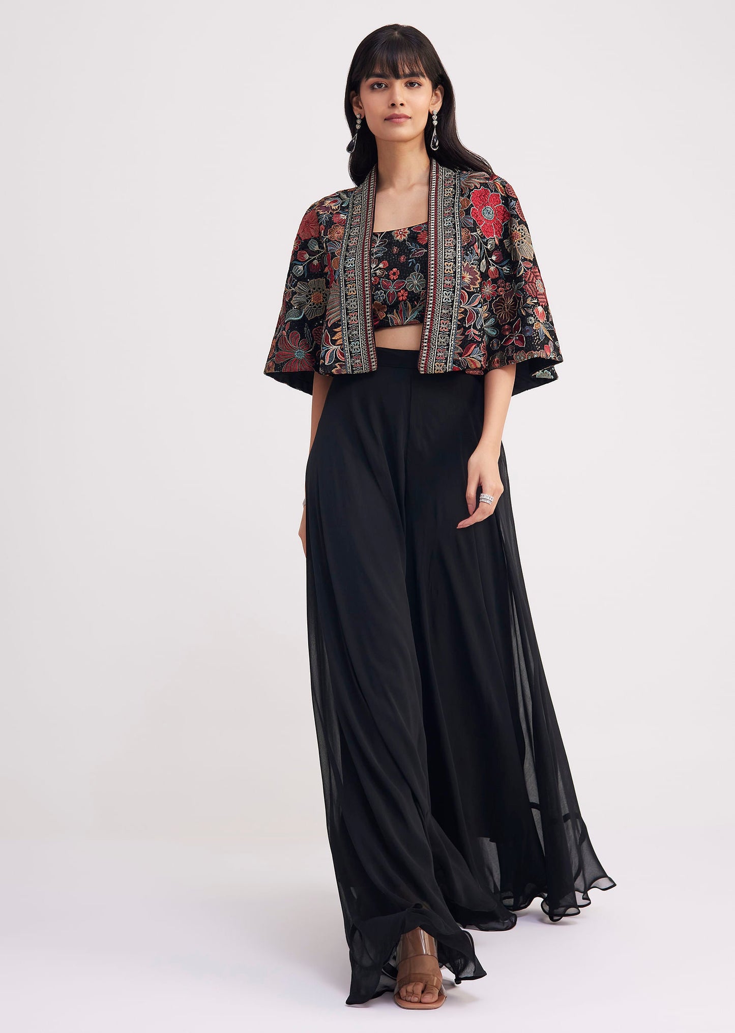 Black Georgette Croptop Palazzo With Sequin Work Cape