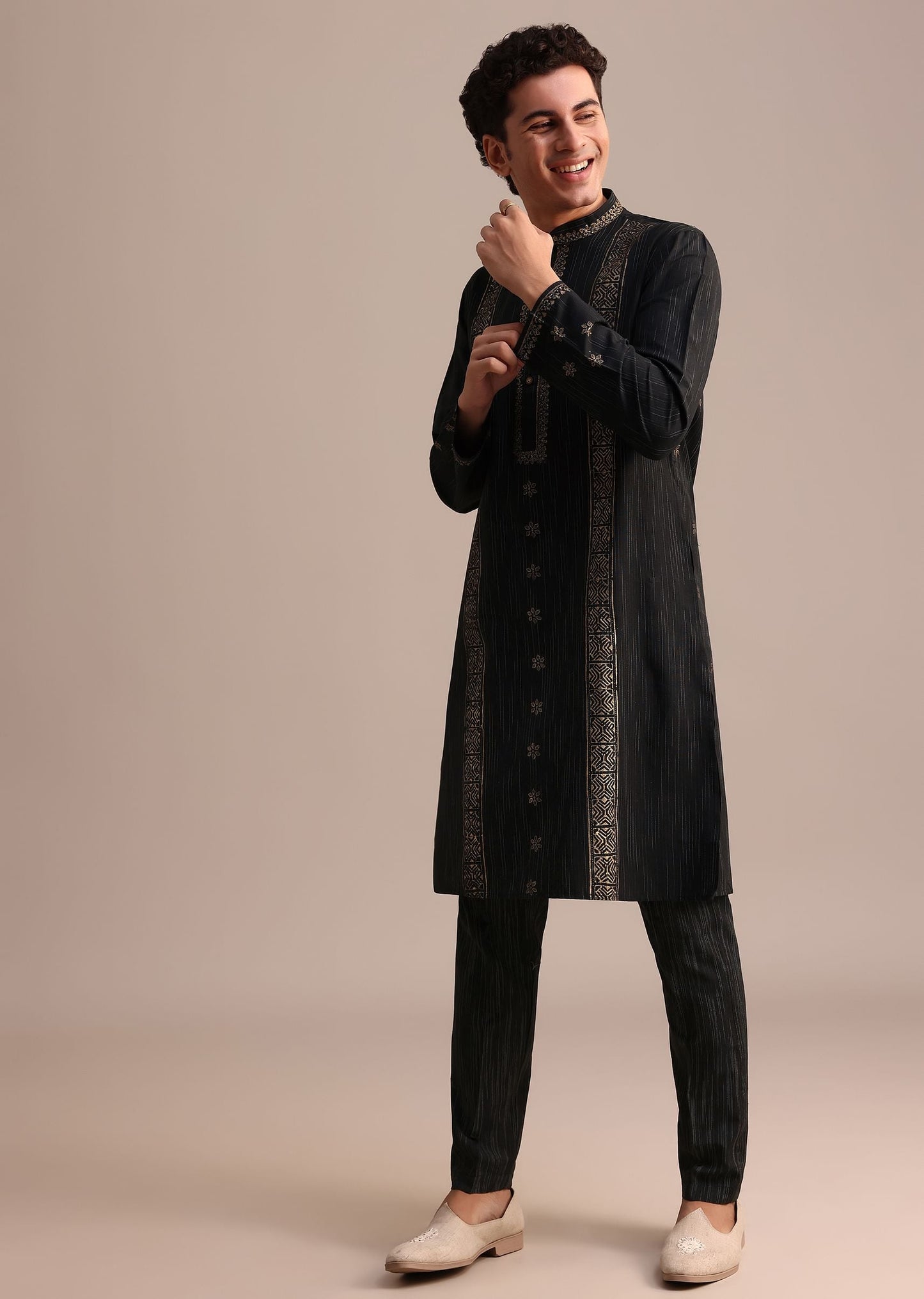Black Hand Block Printed Kurta Set With Foil Work