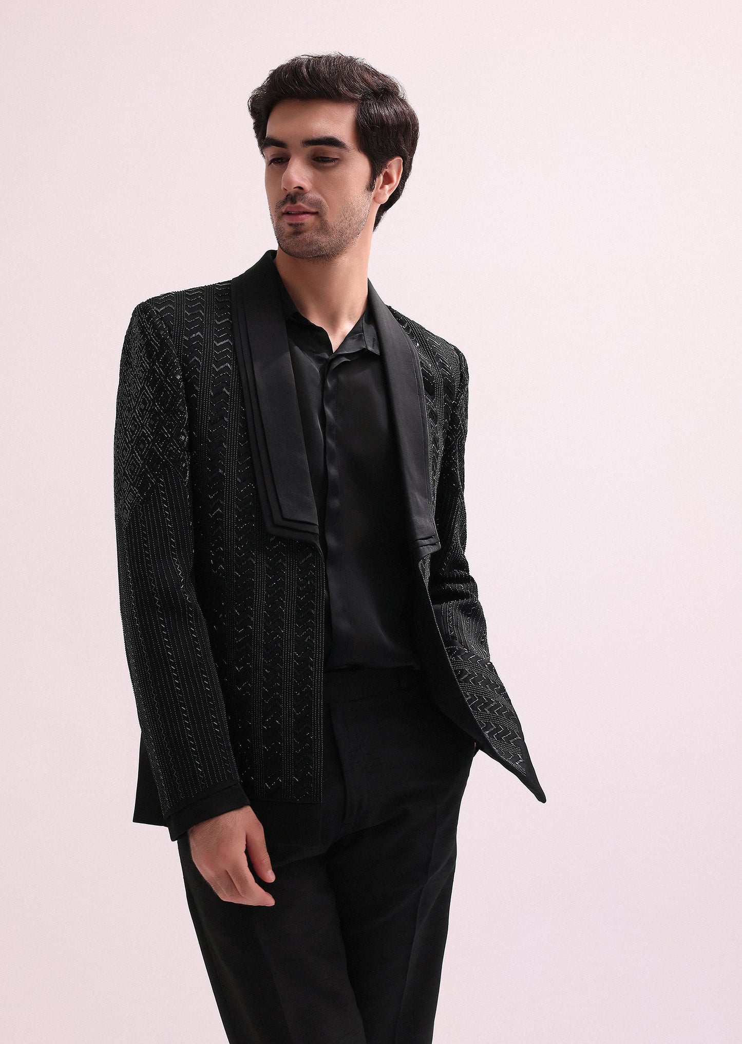 Black Hand Embellished Organza Lapel Tuxedo With Shirt And Pants